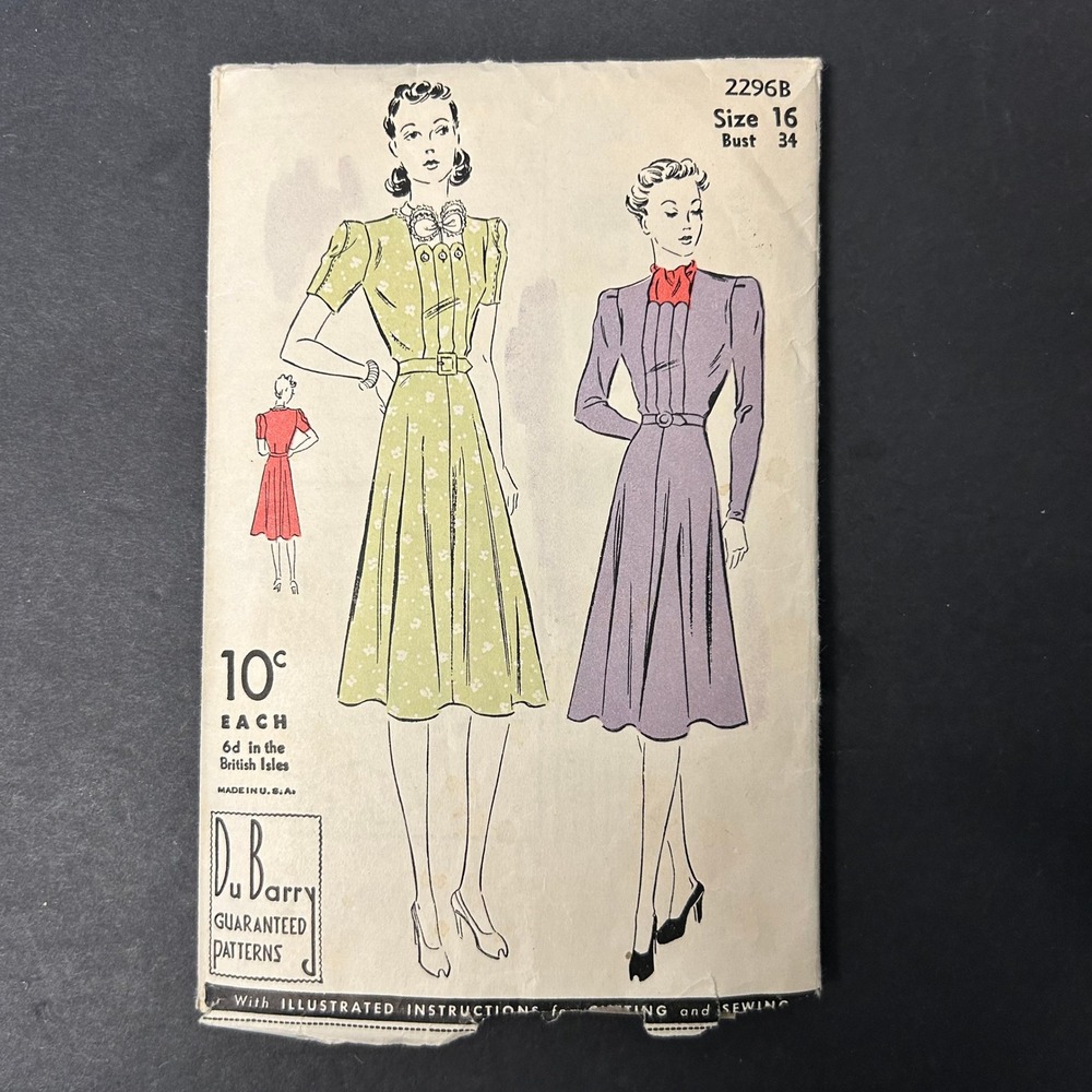 Vintage 30's Du Barry Sewing Pattern 2296B Misses Size 16 A-Line Dress